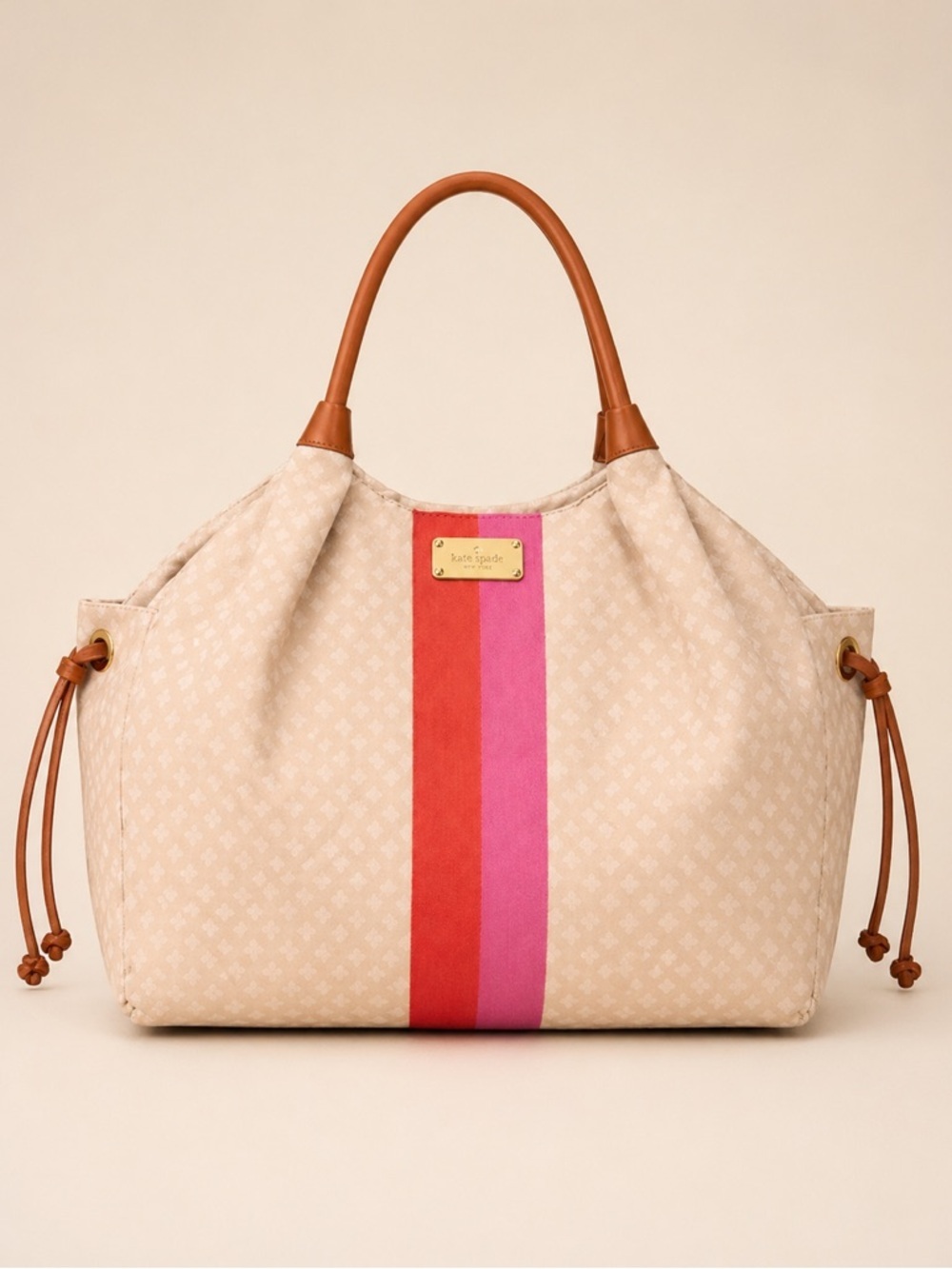 Kate Spade Canvas Tote Bag Beige Pink Stripe Large Travel Shoulder Chic